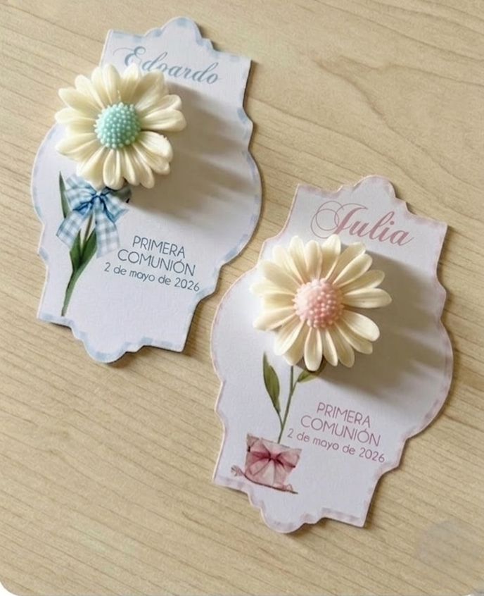 Jabón margarita con tarjeta personalizada – Detalle para comunión