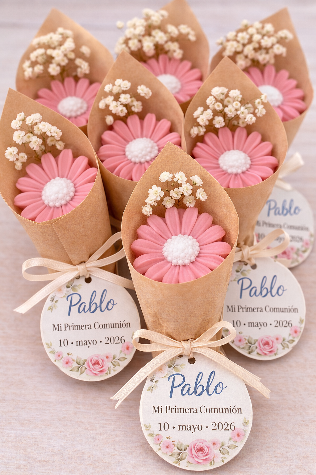 Jabón flor personalizado con etiqueta – Detalle especial para comunión, bautizo o boda